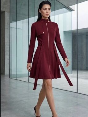 Fashion Nova Burgundy Long Sleeve Zip-Up Fit & Flare Dress